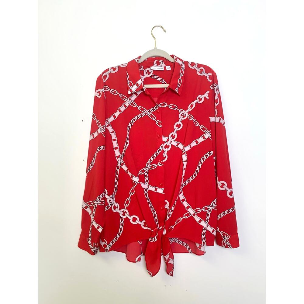 Susan Graver Red Chain Print Button Front Blouse Tie Size 14 Bold Glam Workwear